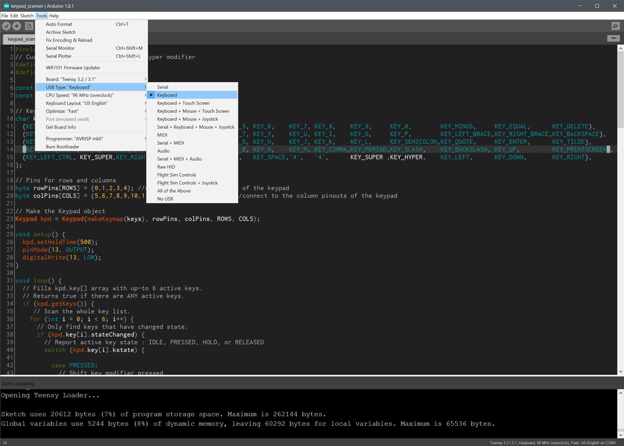 Screenshot of Arduino IDE showing menu selection where you choose the USB Keyboard setting