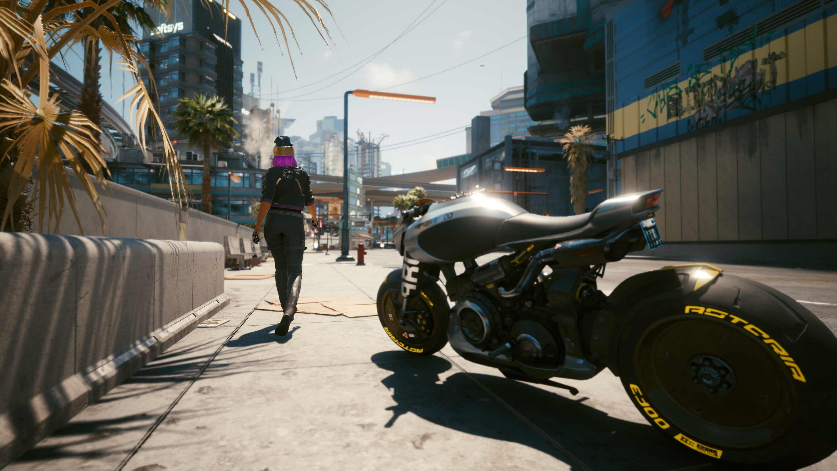 Screenshot of the game Cyberpunk 2077 showing the main character walking away from the camera with their motorcycle in the foreground and the city in the background.