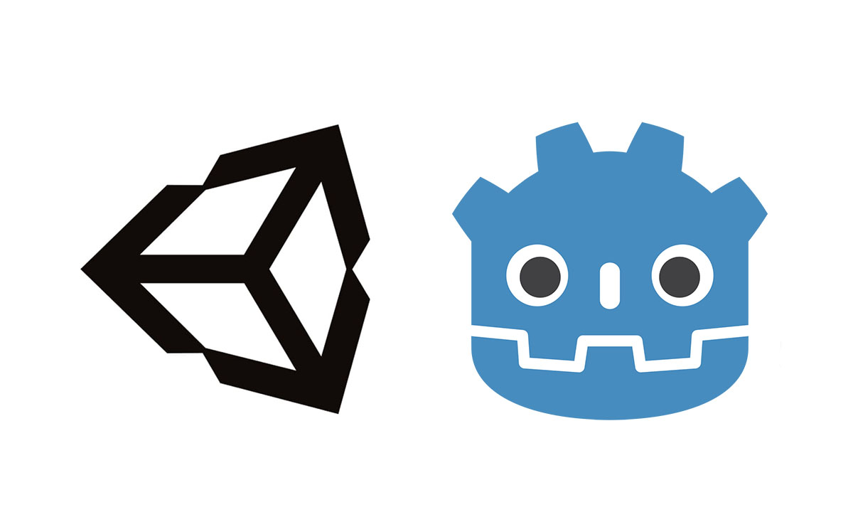 Logos for the Unity game engine on the left and the Godot game engine on the right on a plain white background