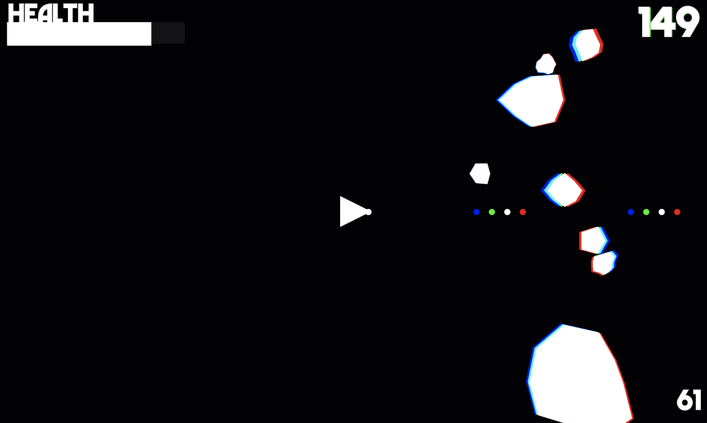 Screenshot of game with triangle representing the ship in the center and white asteroids all around