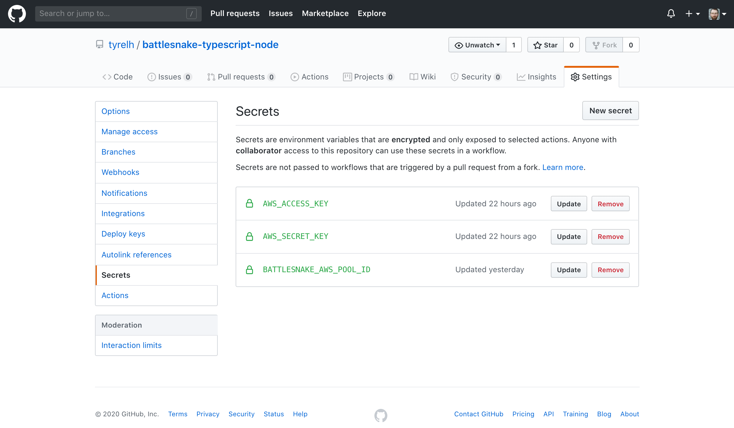 Screenshot of Github showing a list of all saved secrets for this repository