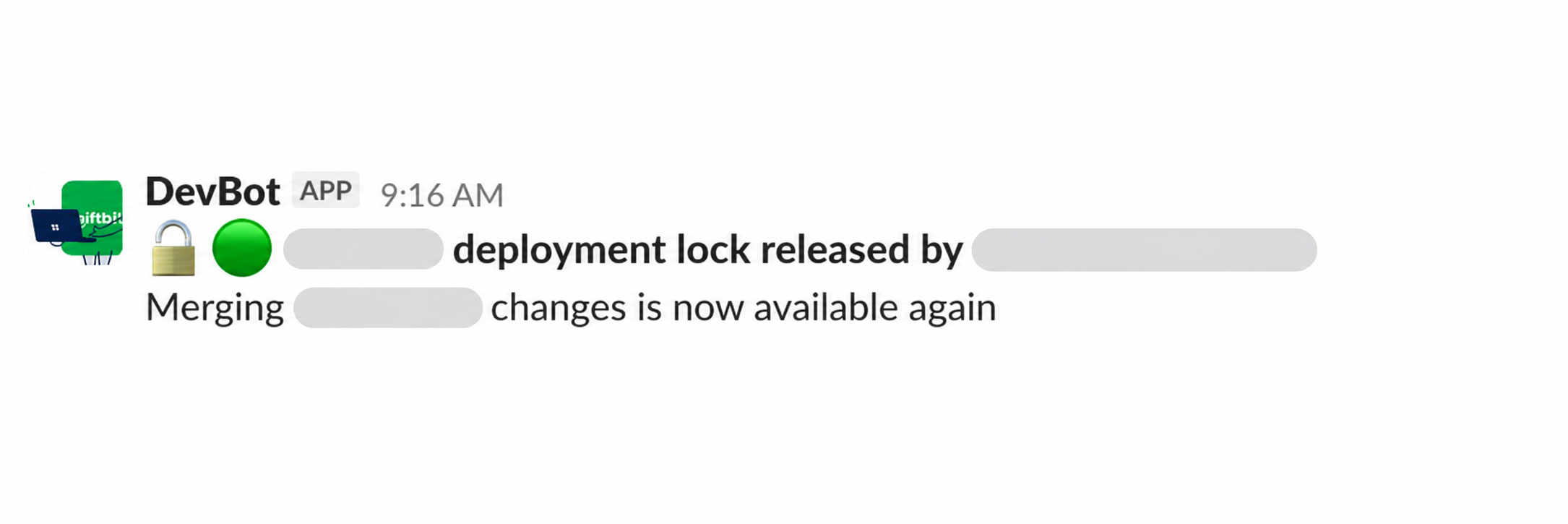 Slack message from DevBot with an open padlock and a green circle, saying the deployment lock was released and merging changes is available again. Repository and user names are redacted.