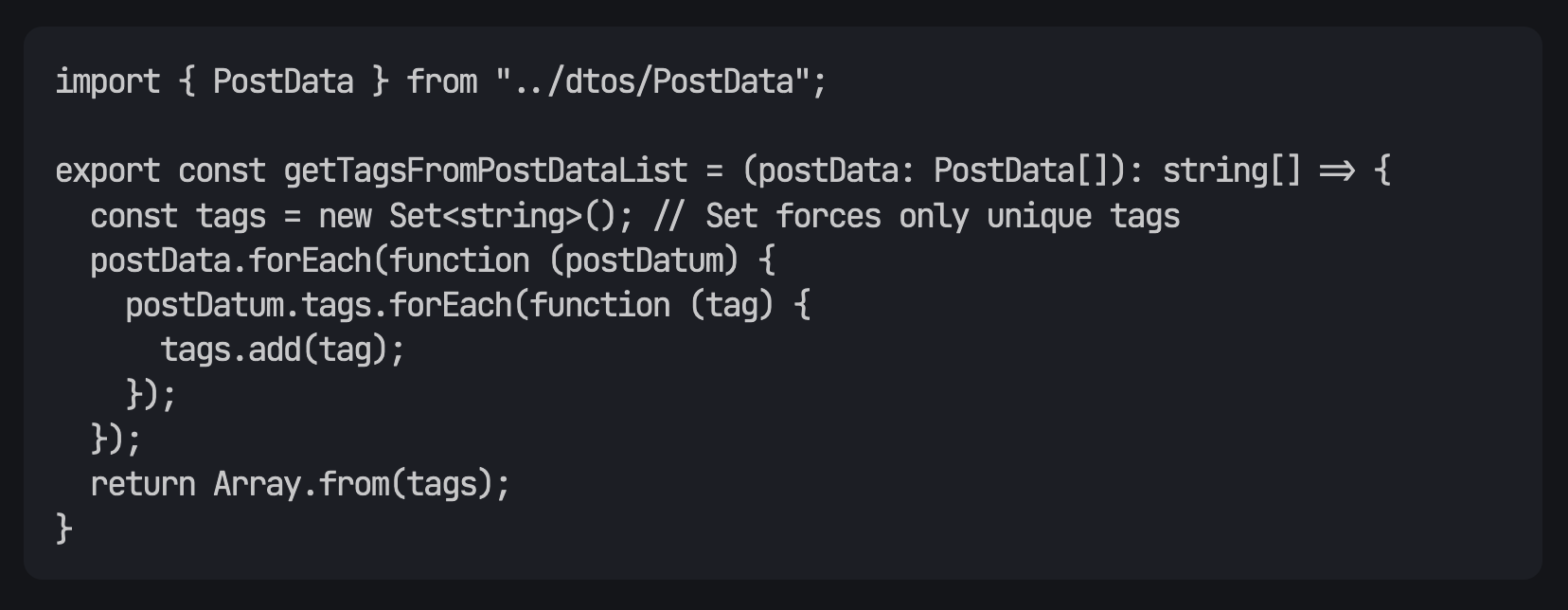 Screenshot of code where all the text is simply white on a dark background. No colors.